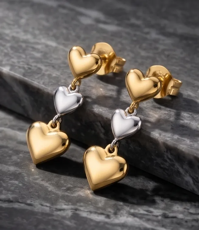 Golden Tiered Heart Dangle Earrings